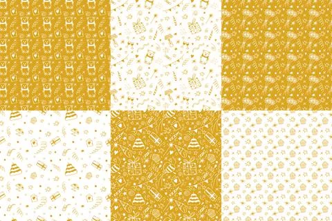 Set of vector hand drawn doodle seamless patterns in gold and white colors Stock Illustration