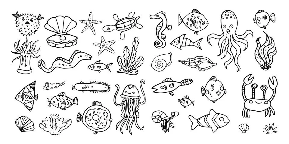 Set of vector hand drawn ocean animals and fish, tropical sea outline doodle Stock Illustration