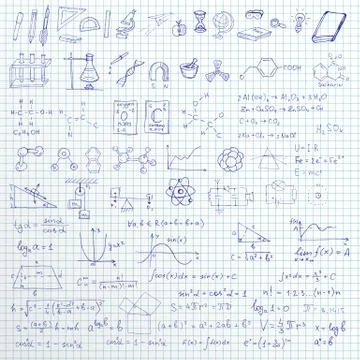 Set of vector hand drawn school symbols, graphics and formulas on linned paper Stock Illustration