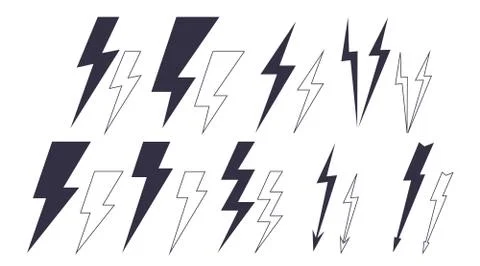Set of vector hand drawn shape thunderbolt lightning icons. Outline and flat Stock Illustration