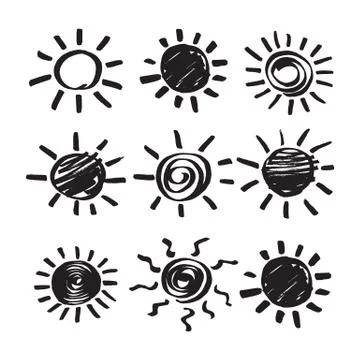 Set of Vector Hand Drawn Symbols of Sun Stock Illustration