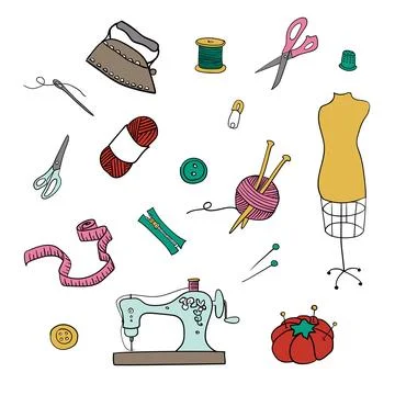 Set of vector hand drawn tailor or sewing vintage items Stock Illustration