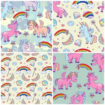 Set of vector hand drawn unicorns and magic seamless pattern Illustrazione stock