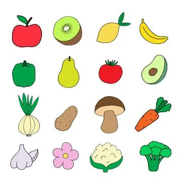 Set of vector hand drawn vegetables and fruits isolated on white. Doodle style Stock Illustration