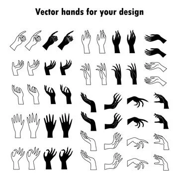 Set of vector hands and witch hands. Line art and simple style. Magic hands. Stock Illustration