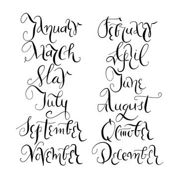 Set of vector handwritten month lettering in cursive ink style, elegant vector Illustrazione stock