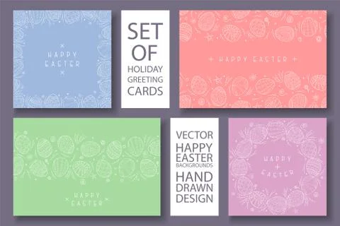 Set of vector happy easter colorful cards with hand drawn decorative elements 스톡 일러스트