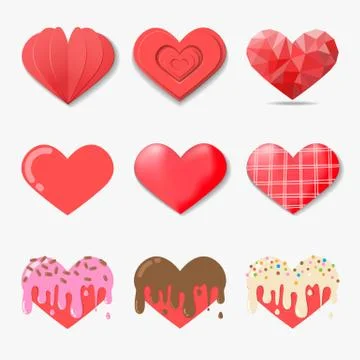 Set of Vector hearts set in Different style such as  paper art, polygon art,  Illustrazione stock