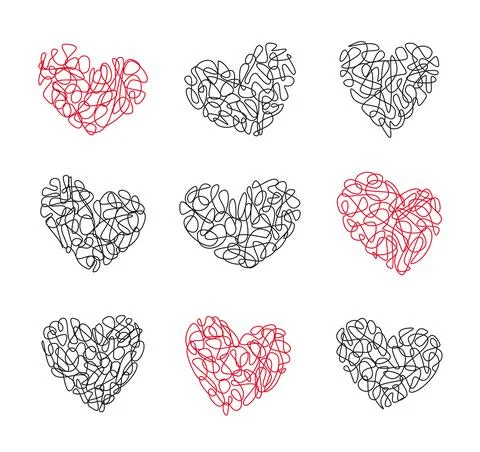 Set vector of hearts for Valentine's Day. The heart consists of doodles Stock Illustration