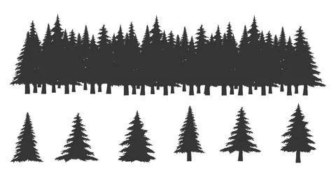 Set of vector horizontal banner silhouettes of coniferous treetops forest spruce Stock Illustration