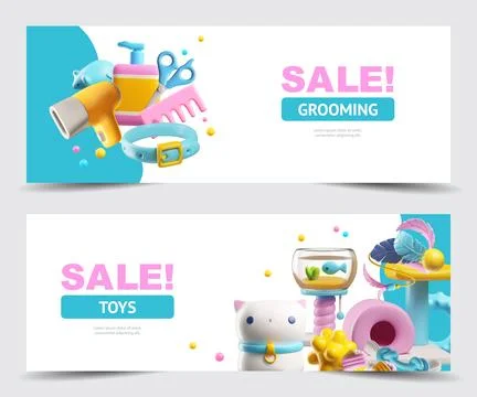 A set of vector horizontal posters with 3d elements of a grooming sale and pet Stock Illustration