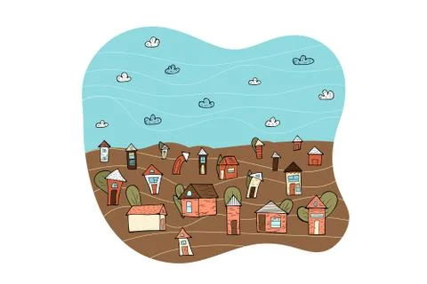 Set of vector houses, trees and clouds. composition in doodle style. Stock Illustration