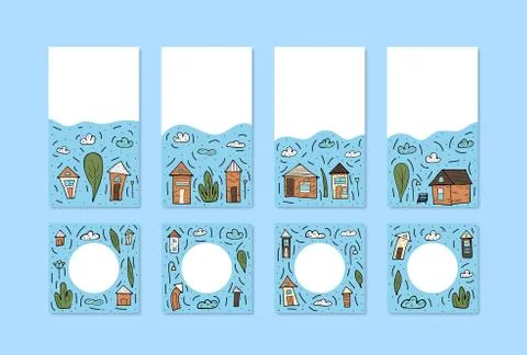 Set of vector houses, trees and clouds. composition in doodle style. Ilustración de archivo