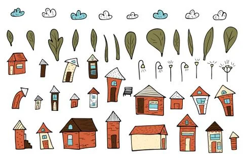 Set of vector houses, trees and clouds. Collection of elements in doodle styl Illustrazione stock