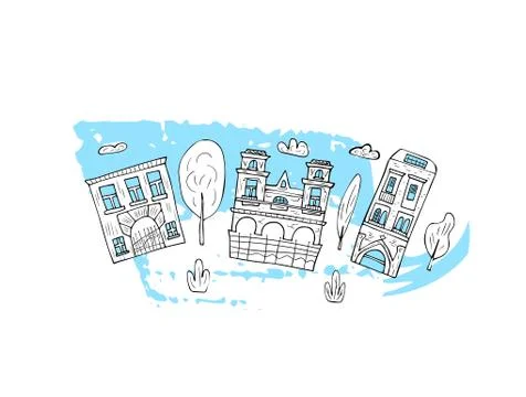 Set of vector houses, trees and clouds. Composition in doodle style. Ilustración de archivo