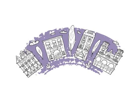 Set of vector houses, trees and clouds. Composition in doodle style. Ilustración de archivo