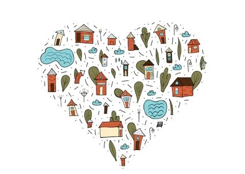 Set of vector houses, trees and clouds. Heart composition in doodle style iso Ilustración de archivo