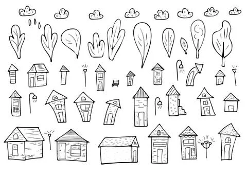 Set of vector houses, trees and clouds. composition in doodle style. Ilustración de archivo