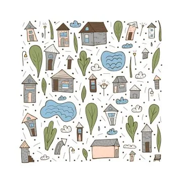 Set of vector houses, trees and clouds. composition in doodle style. Ilustración de archivo