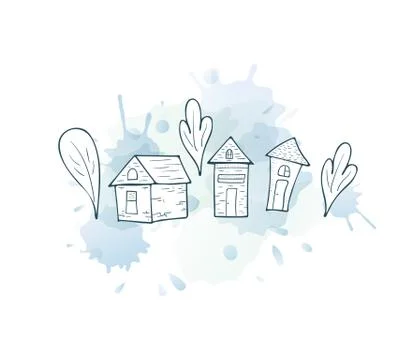 Set of vector houses, trees. Composition in doodle style with watercolor spla Ilustración de archivo