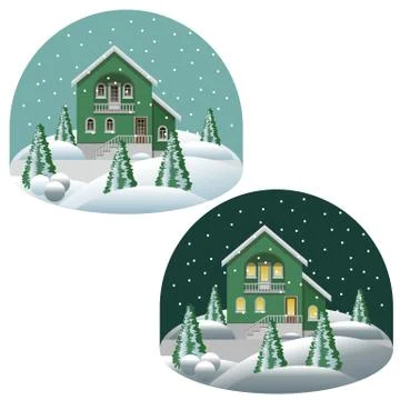 Set of vector houses in winter landscape, day and night. Stock Illustration