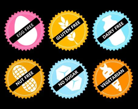 Set Vector icon egg free, gluten, dairy, nut, no sugar, vege Stock Illustration