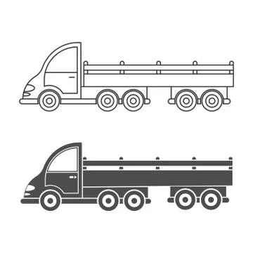 Set of vector icon tractor with trailer. Simple design, filled and empty silh Illustrazione stock