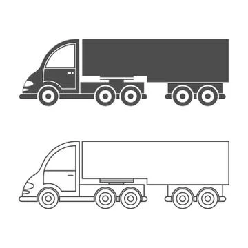 Set of vector icon tractor with trailer. Simple design, filled and empty silh Illustrazione stock