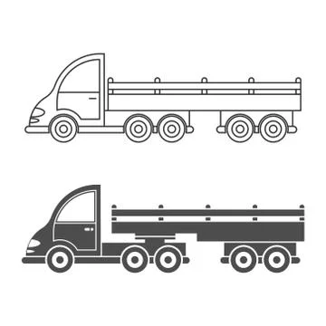 Set of vector icon tractor with trailer. Simple design, filled and empty silh Stock Illustration