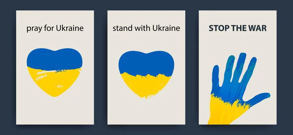 Set of vector icons against war in Ukraine. Heart in the colors of the flag of Illustrazione stock