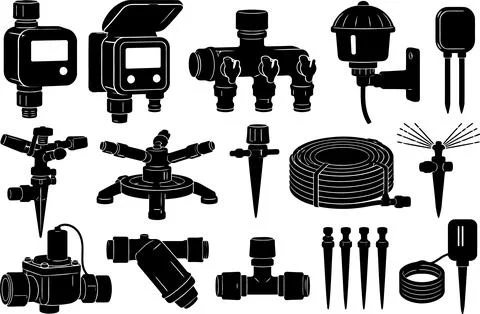 Set of vector icons and design elements related to garden irrigation system.. Stock Illustration