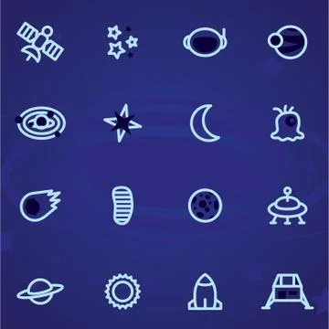 Set of vector icons and logos space, stars, planets, universe, rocket, moon on a Ilustração Stock