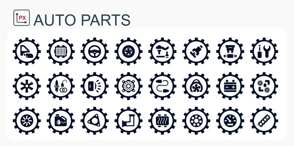 A set of vector icons and logos with car parts, batteries, transmissions, ele Stock Illustration