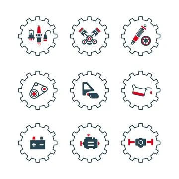 A set of vector icons and logos with car parts. Stock Illustration