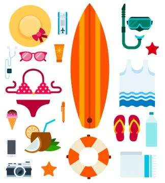 Set vector icons beach items, equipment in flat design. Stock Illustration