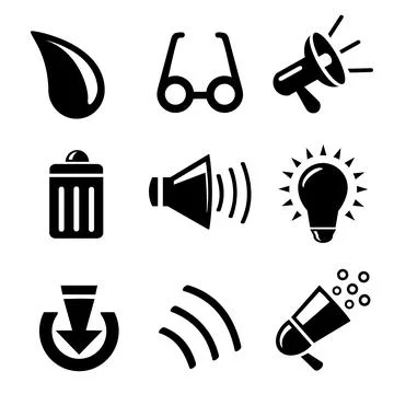 A set of vector icons in black. Stock Illustration