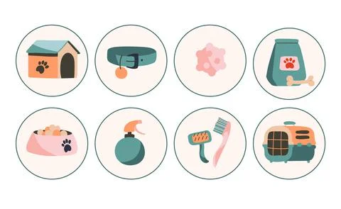 Set of vector icons. Booth, dog collar, ball, bowl of food, vitamins, brushes Stock Illustration