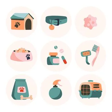 Set of vector icons. Booth, dog collar, ball, bowl of food, vitamins, brushes Stock Illustration