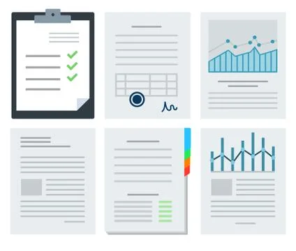 Set vector icons business documents with charts, graphs and stamp in flat design Stock Illustration