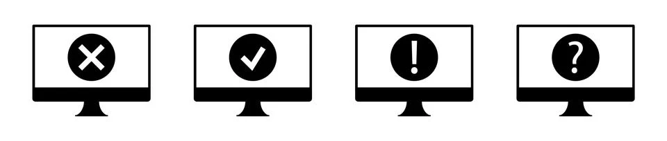 A set of vector icons with computer state. Question, exclamation, confirmation Stock Illustration