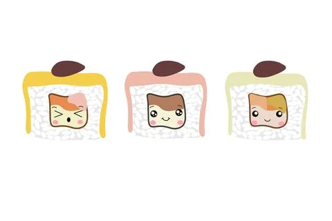 A set of vector icons of delicious colored sushi rolls in the style of kawaii Stock Illustration