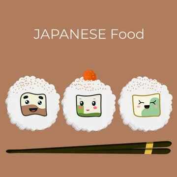 A set of vector icons of delicious colored sushi rolls in the style of kawaii Stock Illustration