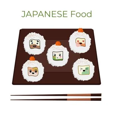 A set of vector icons of delicious colored sushi rolls in the style of kawaii. A Stock Illustration