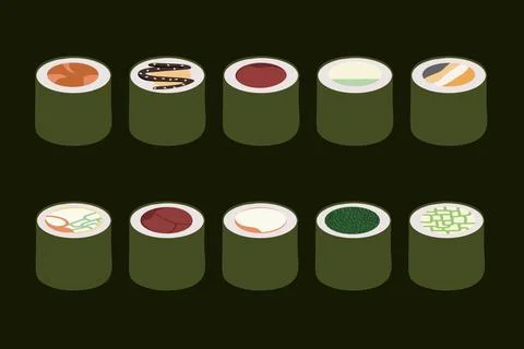 A set of vector icons of delicious colored sushi rolls. Traditional Japanese  Stock Illustration