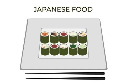 A set of vector icons of delicious colored sushi rolls. Traditional Japanes.. Stock Illustration