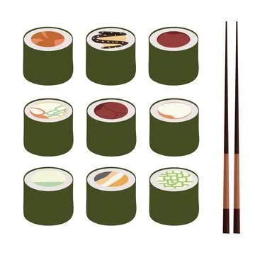 A set of vector icons of delicious colored sushi rolls. Traditional Japanese Stock Illustration