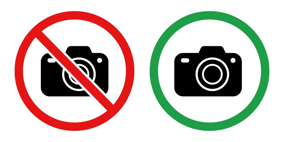 Set of vector icons depicting a camera silhouette with a red prohibition ci.. Stock Illustration