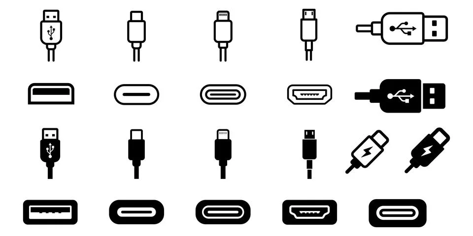 Set of vector icons depicting various USB cable connectors, ports, Type-C, .. Stockillustratie