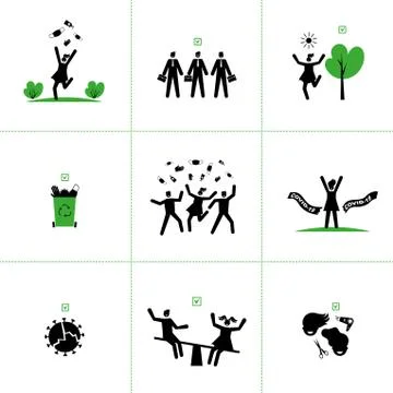 Set of vector icons of end of quarantine, virus epidemic. Victory over COVID-19. Stock Illustration