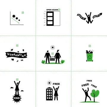Set of vector icons of end of quarantine, virus epidemic. Victory over COVID-19. Stock Illustration